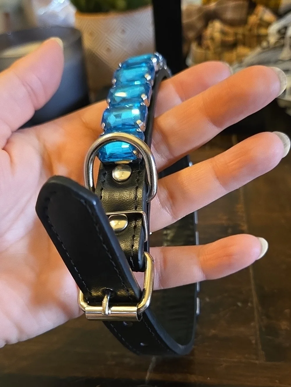 Blue Rhinestone Leather Dog Collar - Size Medium